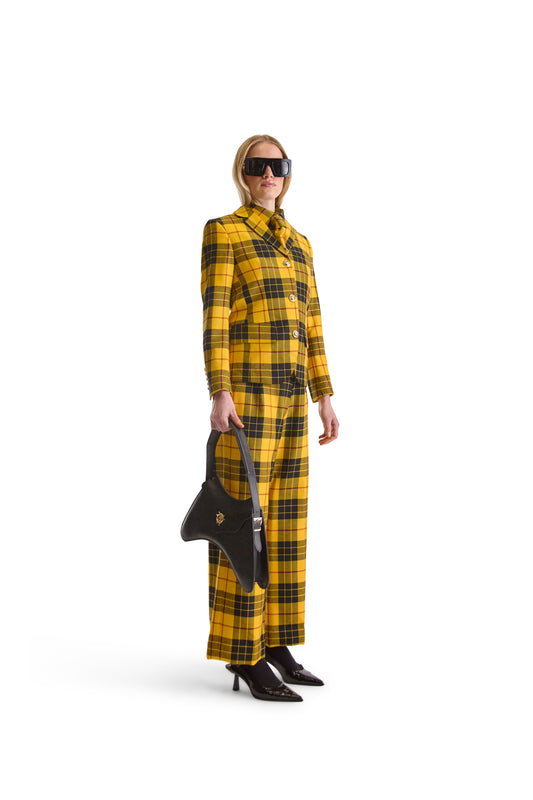 Tailored Wool Wide Leg Plaid Trousers