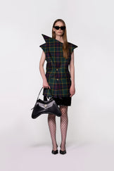 Green Tartan Sculptural Double Breasted Jacket and Black Skirt Set