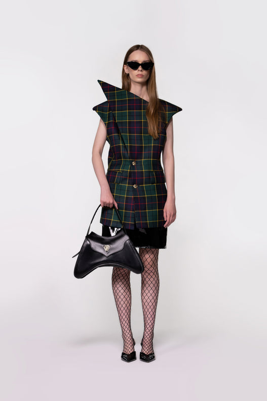 Green Tartan Sculptural Double Breasted Jacket and Black Skirt Set