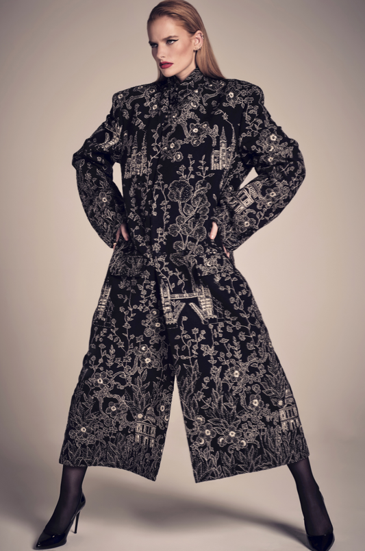 Hand-Embroidered London Wool Long Coat