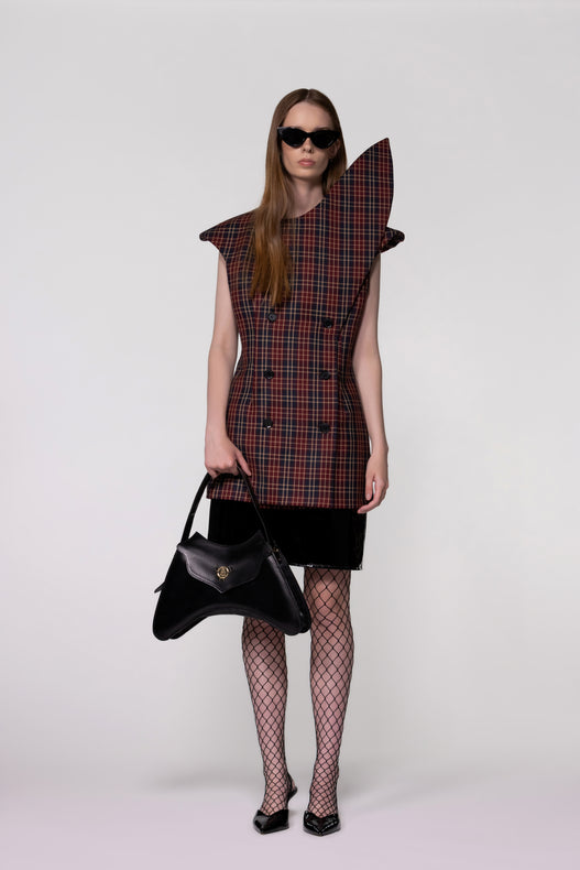 Maroon Check Sculptural Double Breasted Jacket