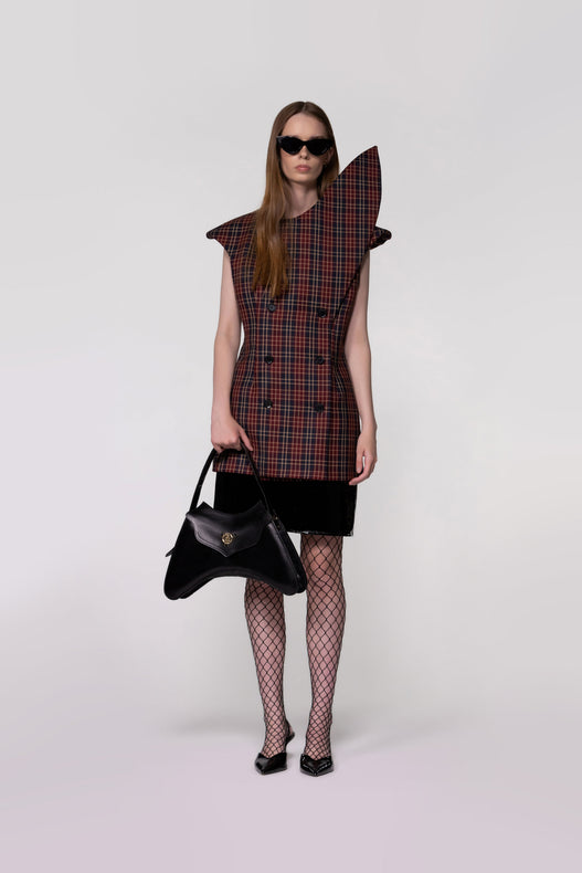 Maroon Check Sculptural Double Breasted Jacket