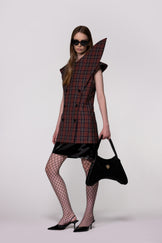 Maroon Check Sculptural Double Breasted Jacket