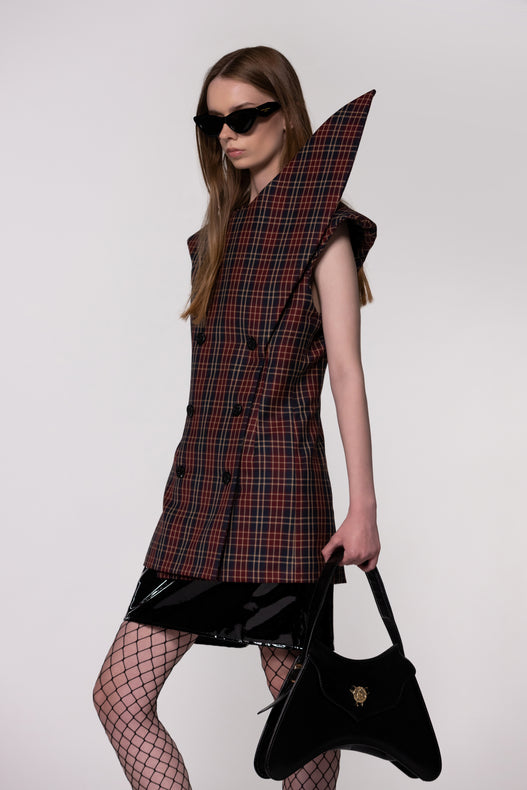 Maroon Check Sculptural Double Breasted Jacket