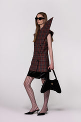 Maroon Check Sculptural Double Breasted Jacket