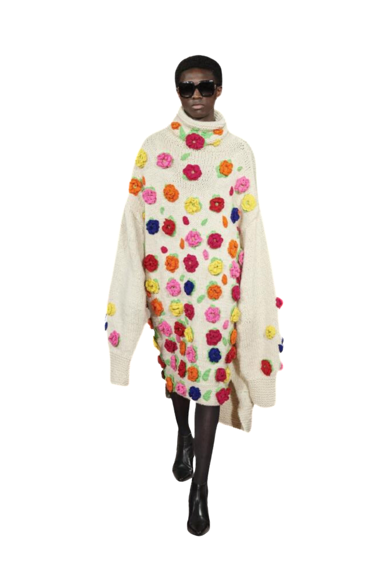 Hand Knit Wool Flower Turtle Neck Dress
