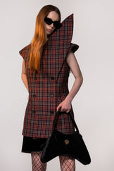 Maroon Check Sculptural Double Breasted Jacket