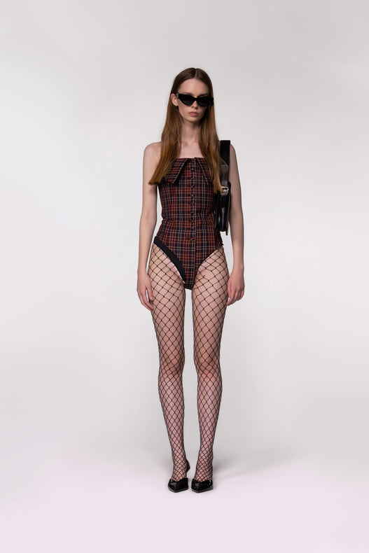 Maroon Check Sculptural Corset Bodysuit