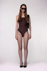 Maroon Check Sculptural Corset Bodysuit