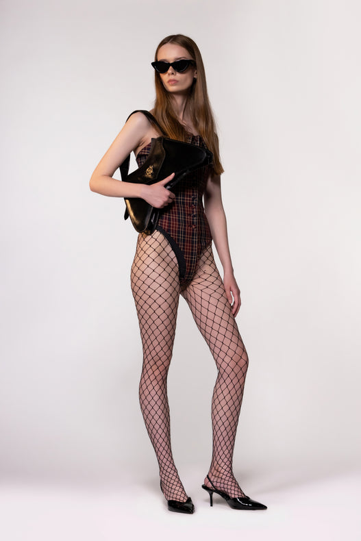 Maroon Check Sculptural Corset Bodysuit