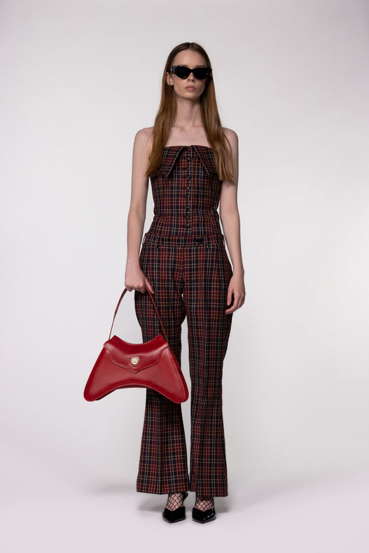 Maroon Check Sculptural Corset Bodysuit