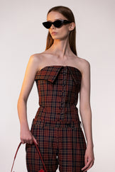 Maroon Check Sculptural Corset Bodysuit