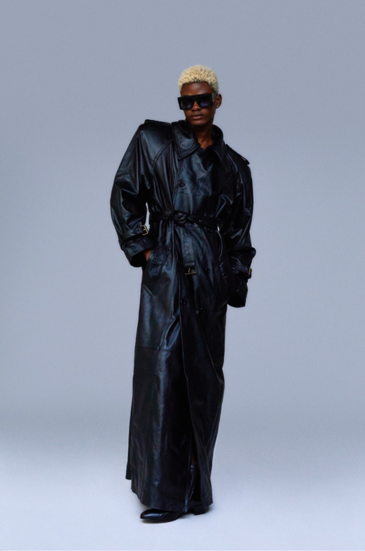 Double Breasted Belted Leather Long Coat