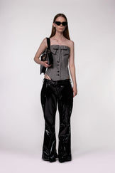 Black Low Rise Flared PU Leather Trousers