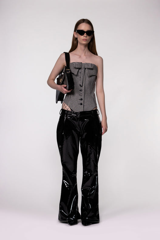 Black Low Rise Flared PU Leather Trousers