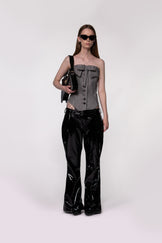 Black Low Rise Flared PU Leather Trousers