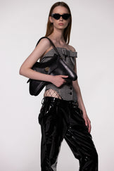 Black Low Rise Flared PU Leather Trousers