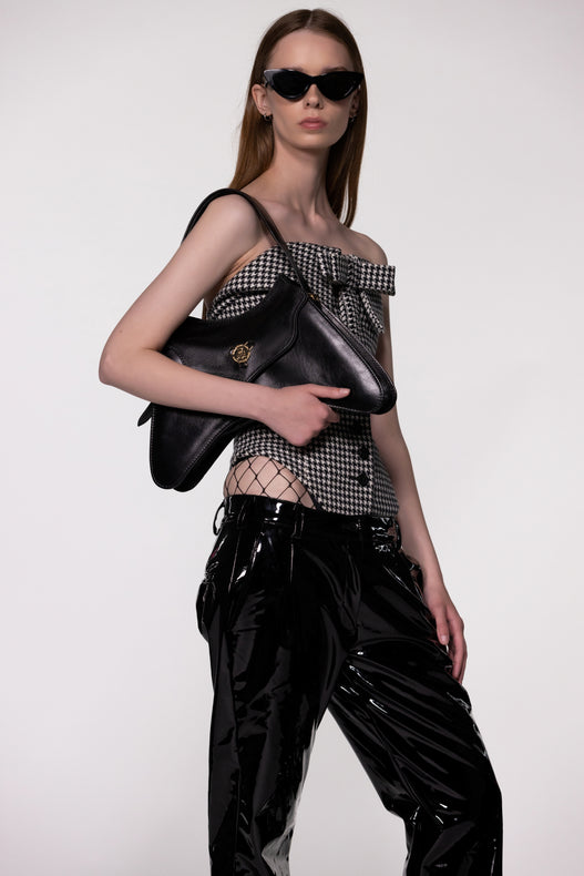 Black Low Rise Flared PU Leather Trousers