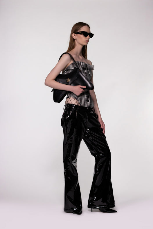 Black Low Rise Flared PU Leather Trousers