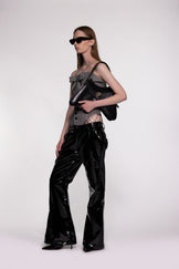 Black Low Rise Flared PU Leather Trousers