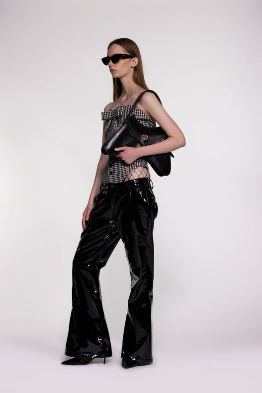 Black Low Rise Flared PU Leather Trousers