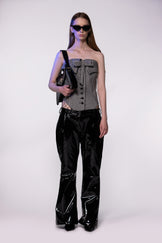 Black Low Rise Flared PU Leather Trousers