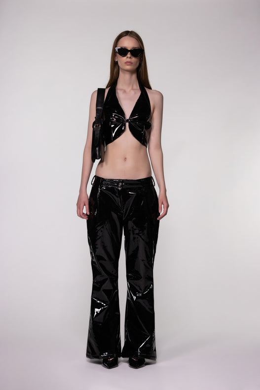 Black PU Leather Halter Crop Top