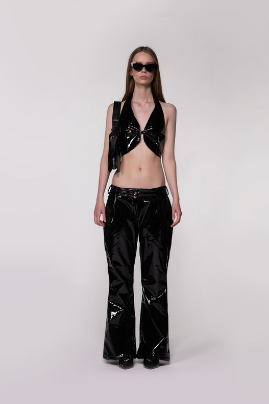 Black PU Leather Halter Crop Top