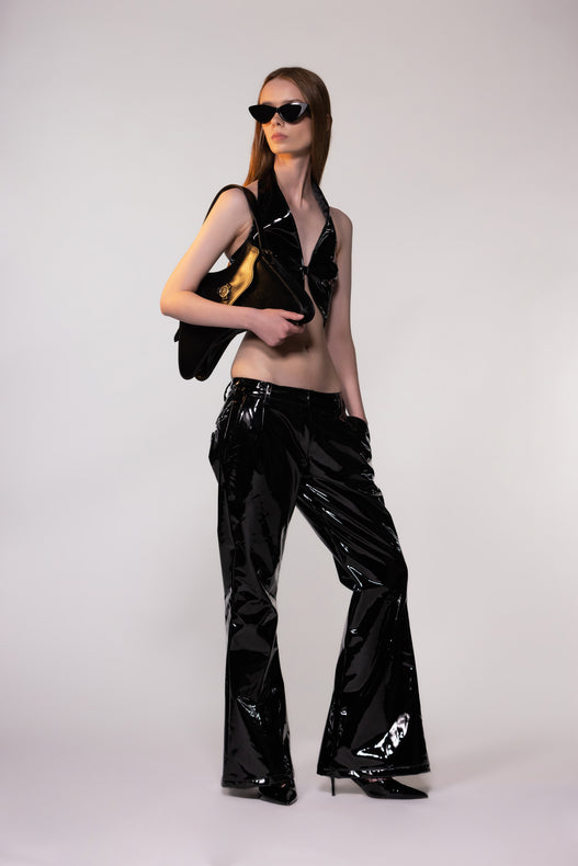 Black PU Leather Halter Crop Top