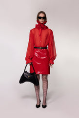 Red PU Leather Midi Skirt