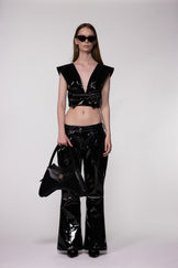 Black PU Leather Bow Front Crop Top