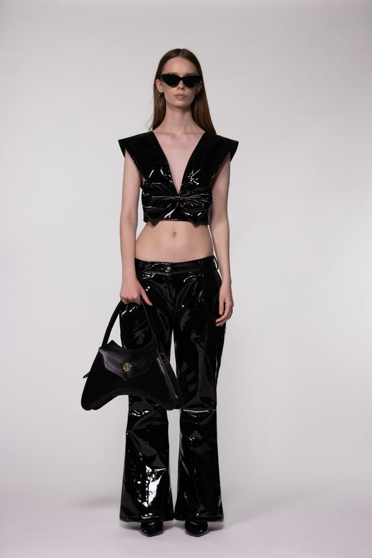 Black PU Leather Bow Front Crop Top