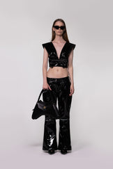 Black PU Leather Bow Front Crop Top