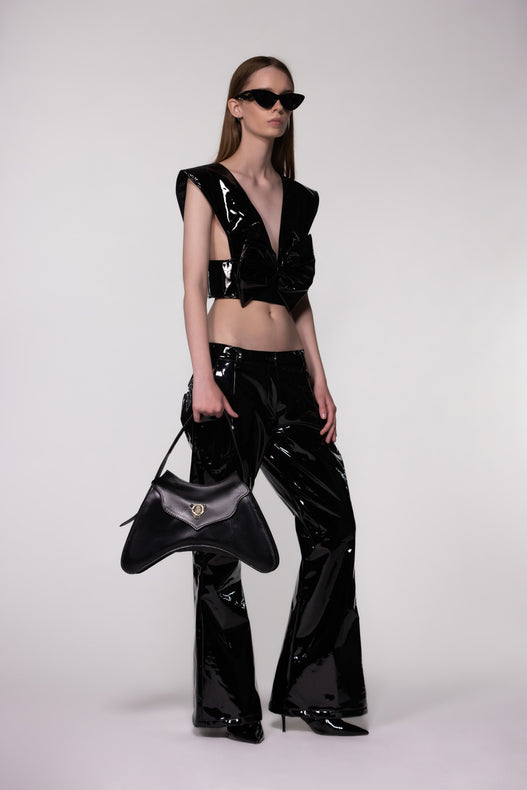 Black PU Leather Bow Front Crop Top
