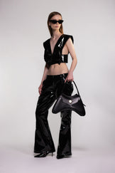 Black PU Leather Bow Front Crop Top