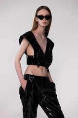 Black PU Leather Bow Front Crop Top