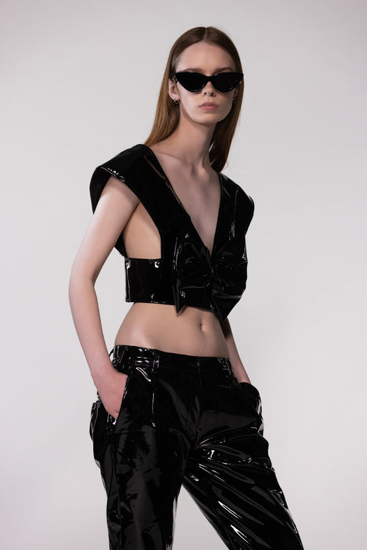 Black PU Leather Bow Front Crop Top