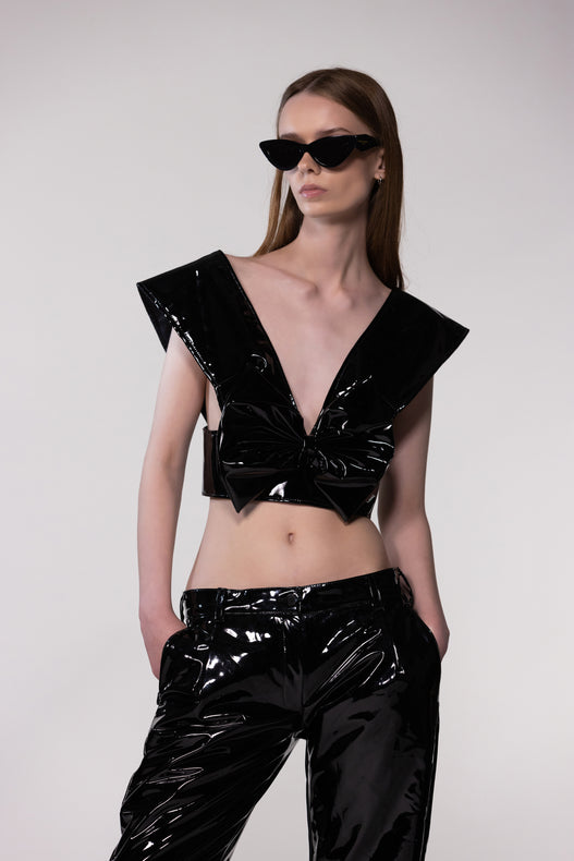 Black PU Leather Bow Front Crop Top