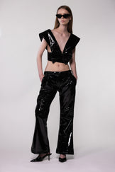 Black PU Leather Bow Front Crop Top