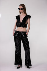 Black PU Leather Bow Front Crop Top