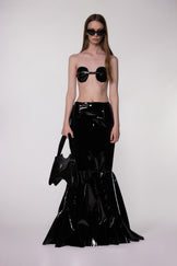 Black PU Leather Maxi Fishtail Pleat Skirt