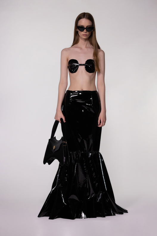 Black PU Leather Maxi Fishtail Pleat Skirt