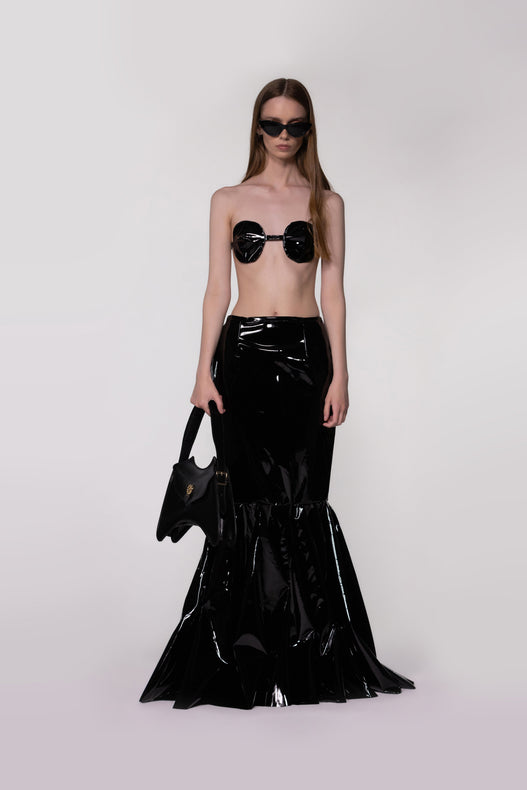 Black PU Leather Maxi Fishtail Pleat Skirt