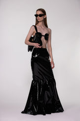 Black PU Leather Maxi Fishtail Pleat Skirt