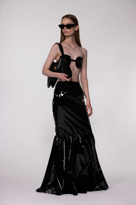 Black PU Leather Maxi Fishtail Pleat Skirt