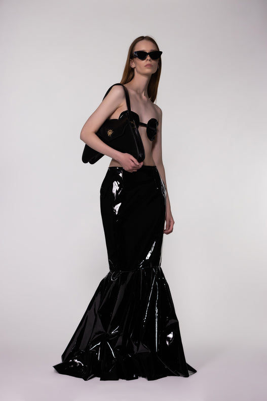 Black PU Leather Maxi Fishtail Pleat Skirt