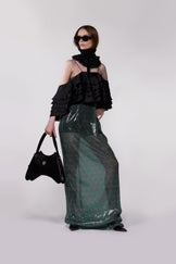 Helen Anthony Monogram Sequin Off-the-Shoulder Evening Gown in exclusive monogram sequin fabric, styled with the Helen Anthony Leather Bag.