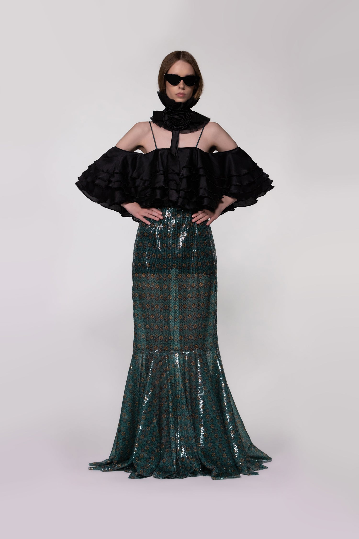 Helen Anthony Monogram Sequin Off-the-Shoulder Mermaid Evening Gown with sculptural tiered ruffle bodice and mermaid silhouette.