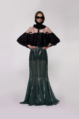Helen Anthony Monogram Sequin Off-the-Shoulder Mermaid Evening Gown with sculptural tiered ruffle bodice and mermaid silhouette.