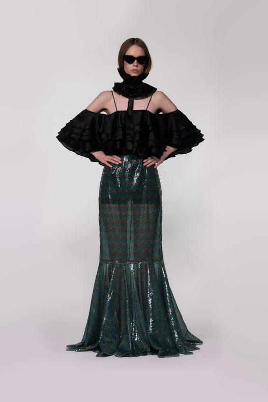 Helen Anthony Monogram Sequin Off-the-Shoulder Mermaid Evening Gown with sculptural tiered ruffle bodice and mermaid silhouette.
